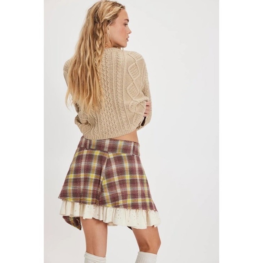 Free People Country Belle Plaid Mini Skirt Eyelet Ruffle Cottagecore NWT 4 / S - Picture 5 of 7